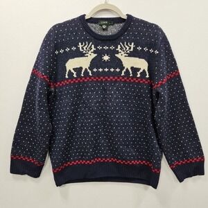 J Crew Sweater Lambswool Fair Isle Reindeer Print Mens Large Navy Blue 66857